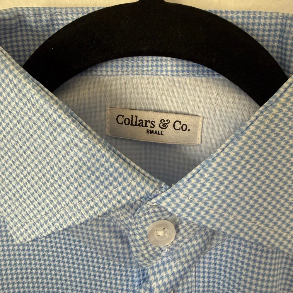 Collars & Co Mens S Blue Houndstooth Dress Collar Polo Shirt 4-Way Stretch NWT
